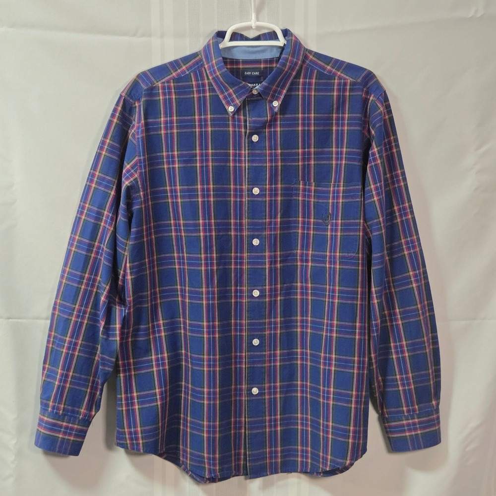Chaps Button Down Shirt Mens L Blue Plaid Easy Care Long Sleeve Pocket Casual